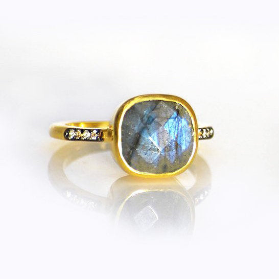 Labradorite gold plated cushion bezel square White topaz pave stacking ring on white background. birthday, birthday gemstone, square gemstone, sterling silver, gray birthstone, gray ring
