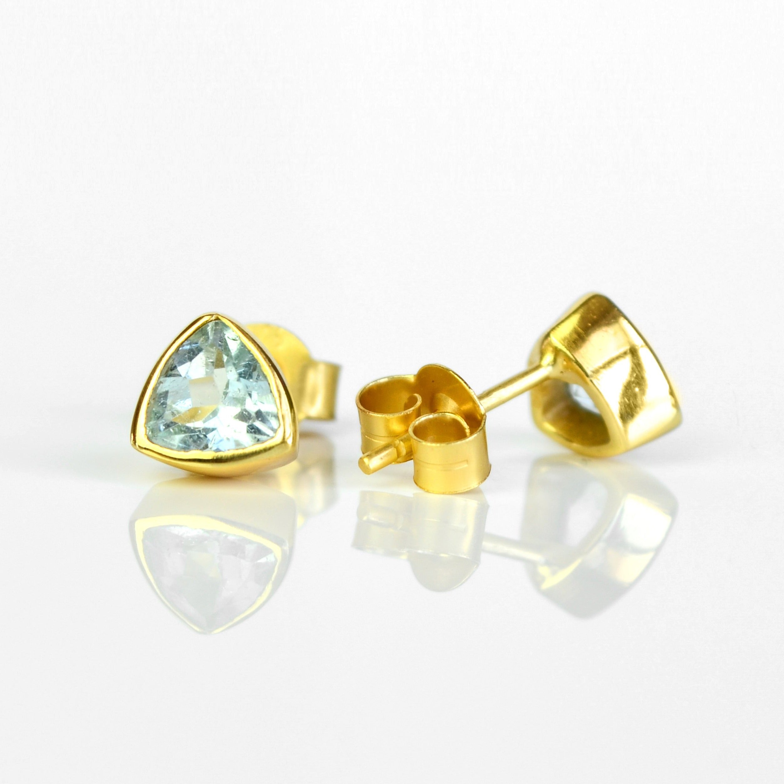 Minimalist Sky Blue Topaz Triangle Studs • December Birthstone