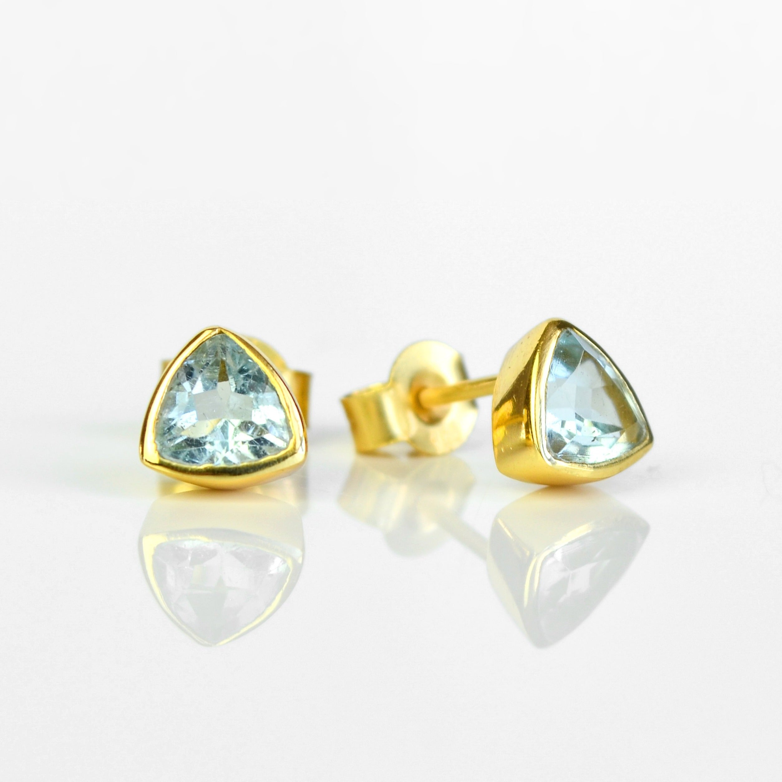 Minimalist Sky Blue Topaz Triangle Studs • December Birthstone