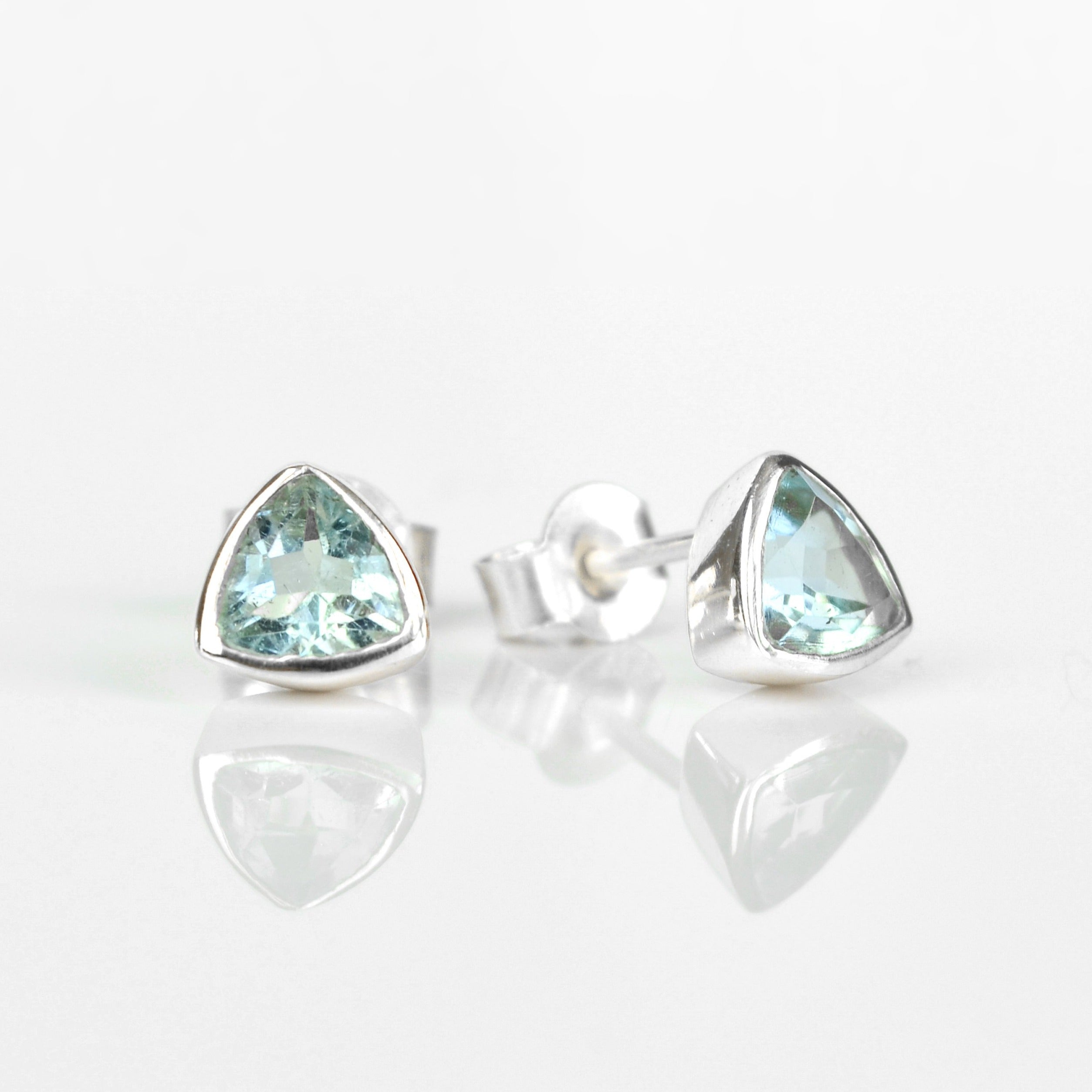 Minimalist Sky Blue Topaz Triangle Studs • December Birthstone