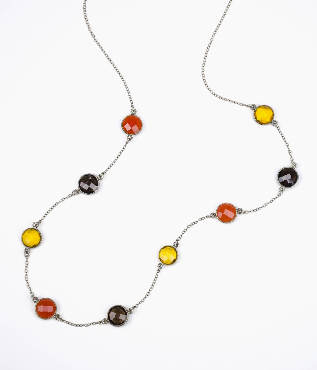 Long Citrine, Carnelian, Smoky Quartz bezel station necklace
