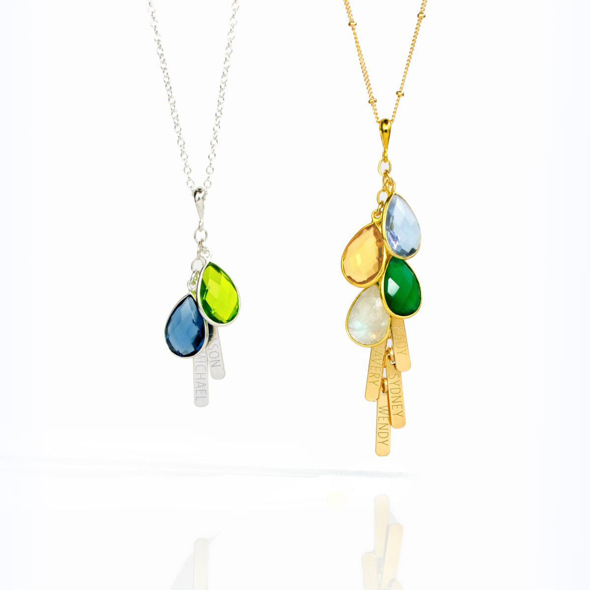 Silver cascade tiny bar name necklace with peridot and kyanite birthstones. Gold filled satellite chain with 4 cascading birthstones including blue topaz, citrine, green onyx and opalite 