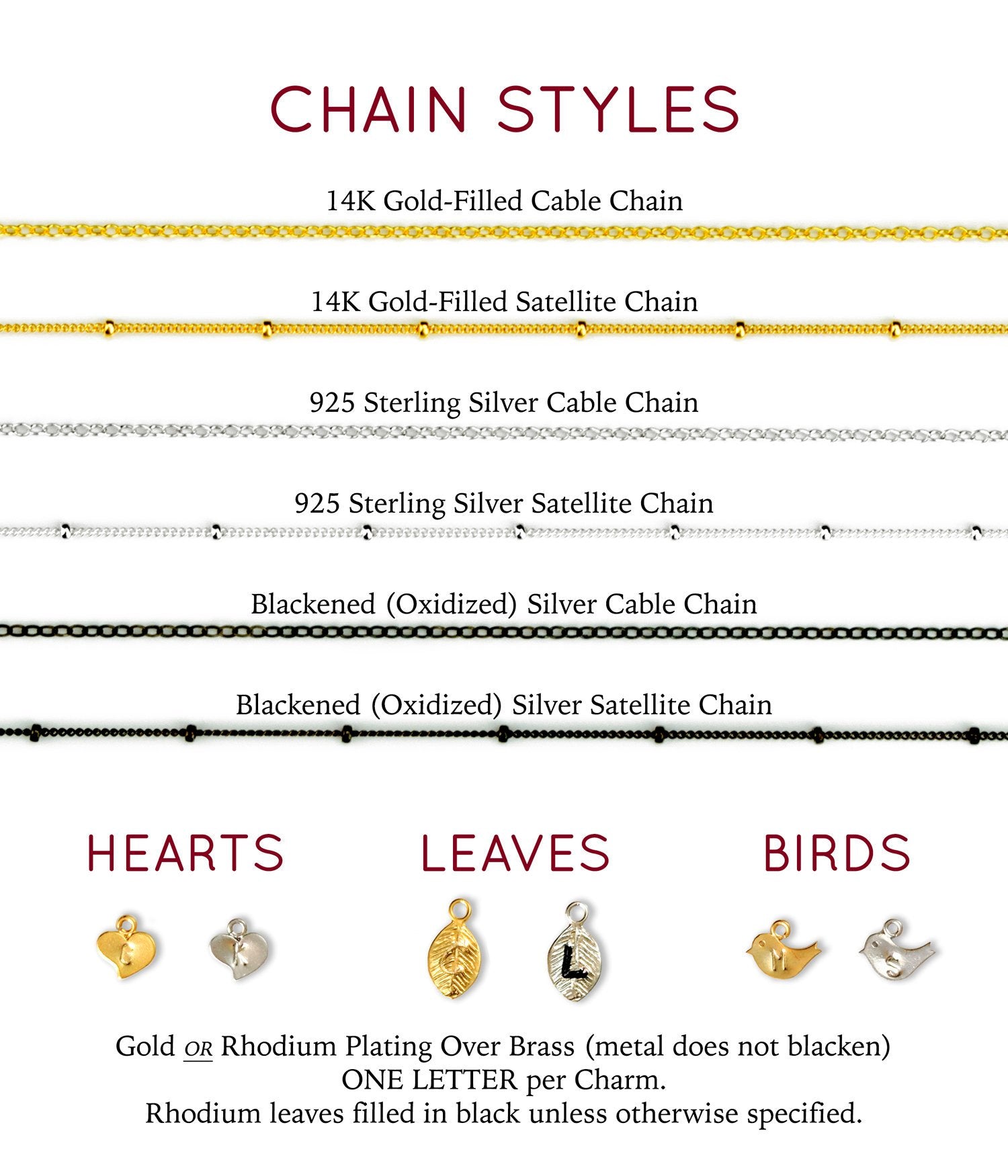 Chain style example with gold filled, sterling silver and oxidized blackened silver cable and satellite chains. Hearts, Leaves Birds stamped initial charm