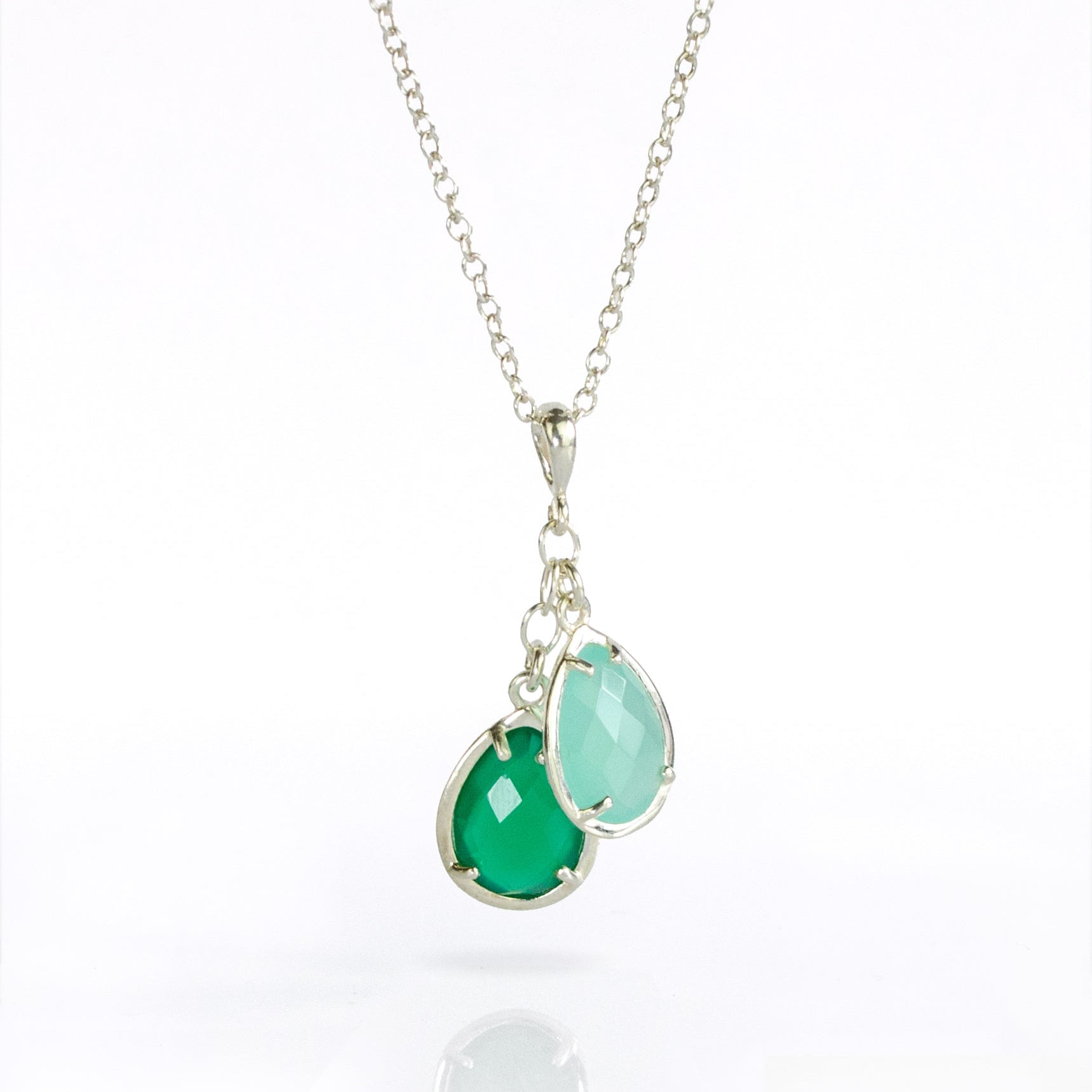 Sterling Silver Cascade Necklace With Prong Set Teardrop Birthstone Charms Family Tree Necklace with Kids Birthstones Two Stone Necklace Aqua Chalcedony Green Onyx