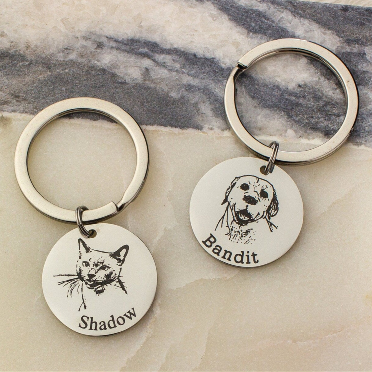 Two silver toned circle keychains with cat image and name engraved in classic font and dog with typewriter font.