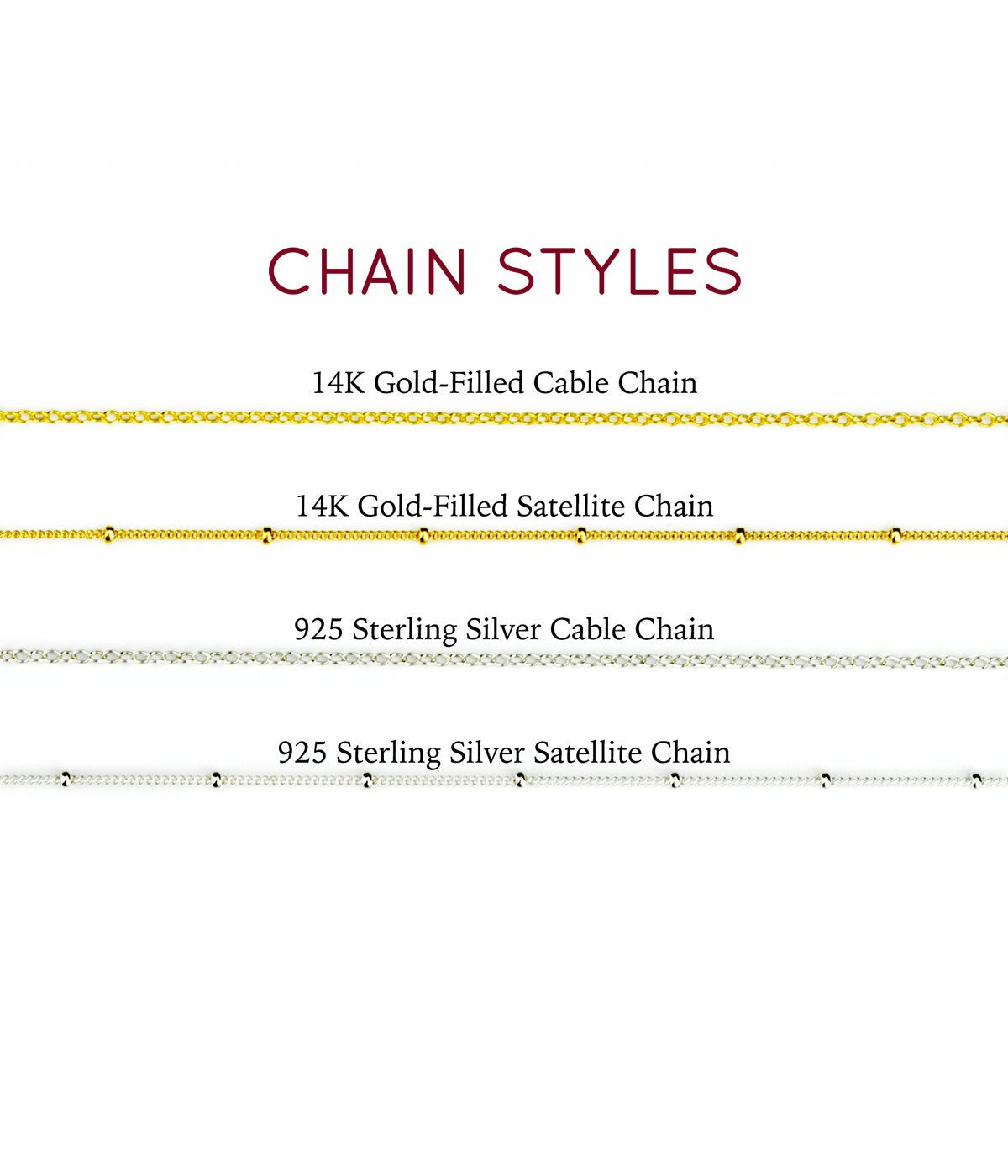 Chain style example with gold filled and sterling silver cable and satellite chains. 