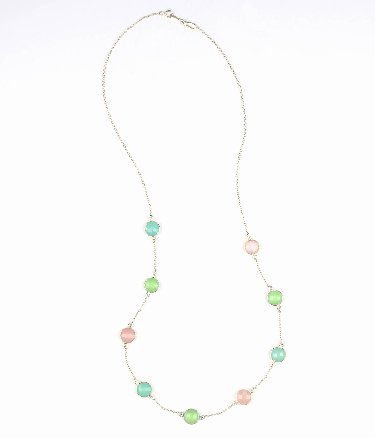 Long Aqua Chalcedony, Green Chalcedony and Pink Chalcedony bezel station necklace