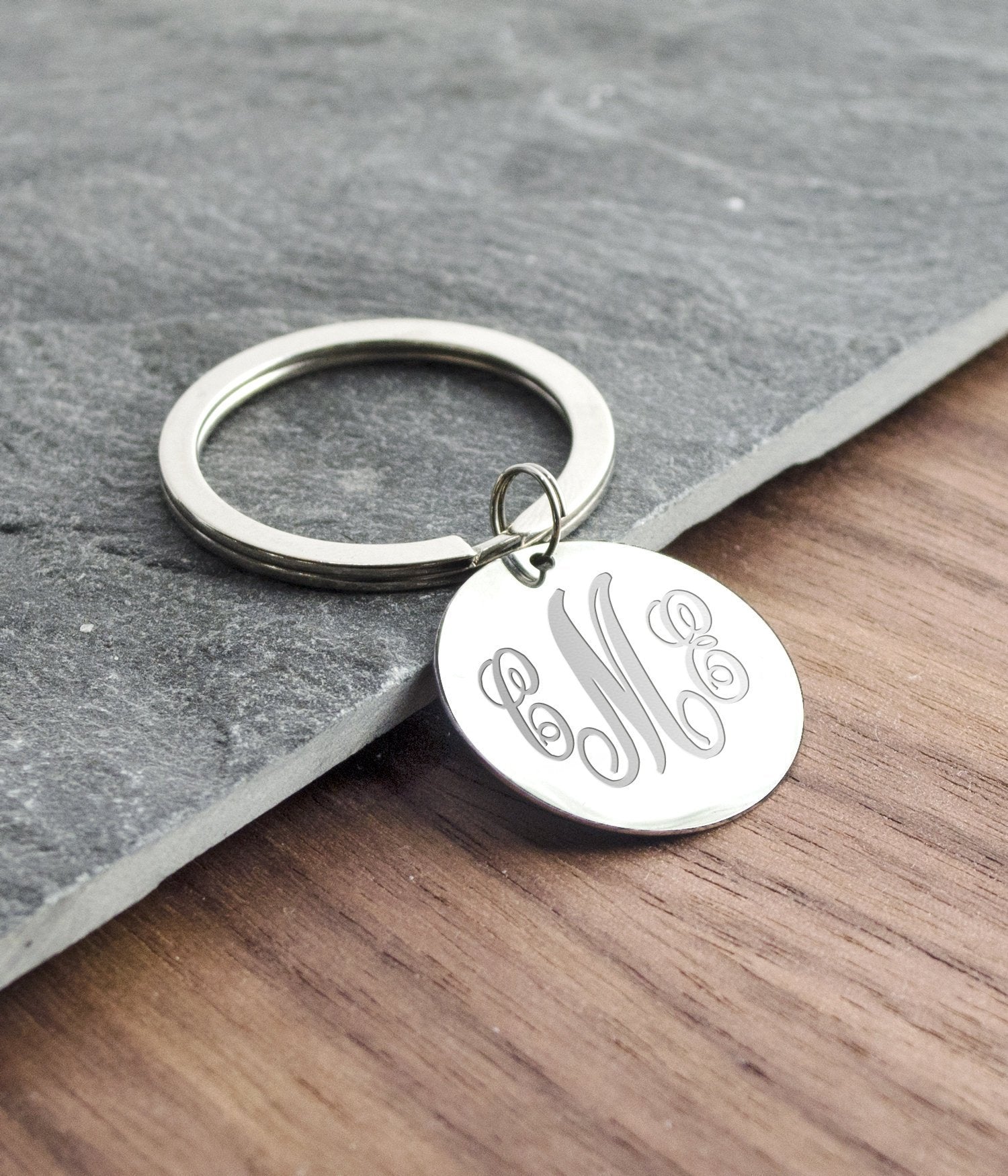 Personalized Monogram Round Circle Silver Keychain