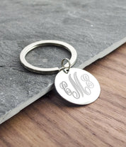 Personalized Monogram Round Circle Silver Keychain