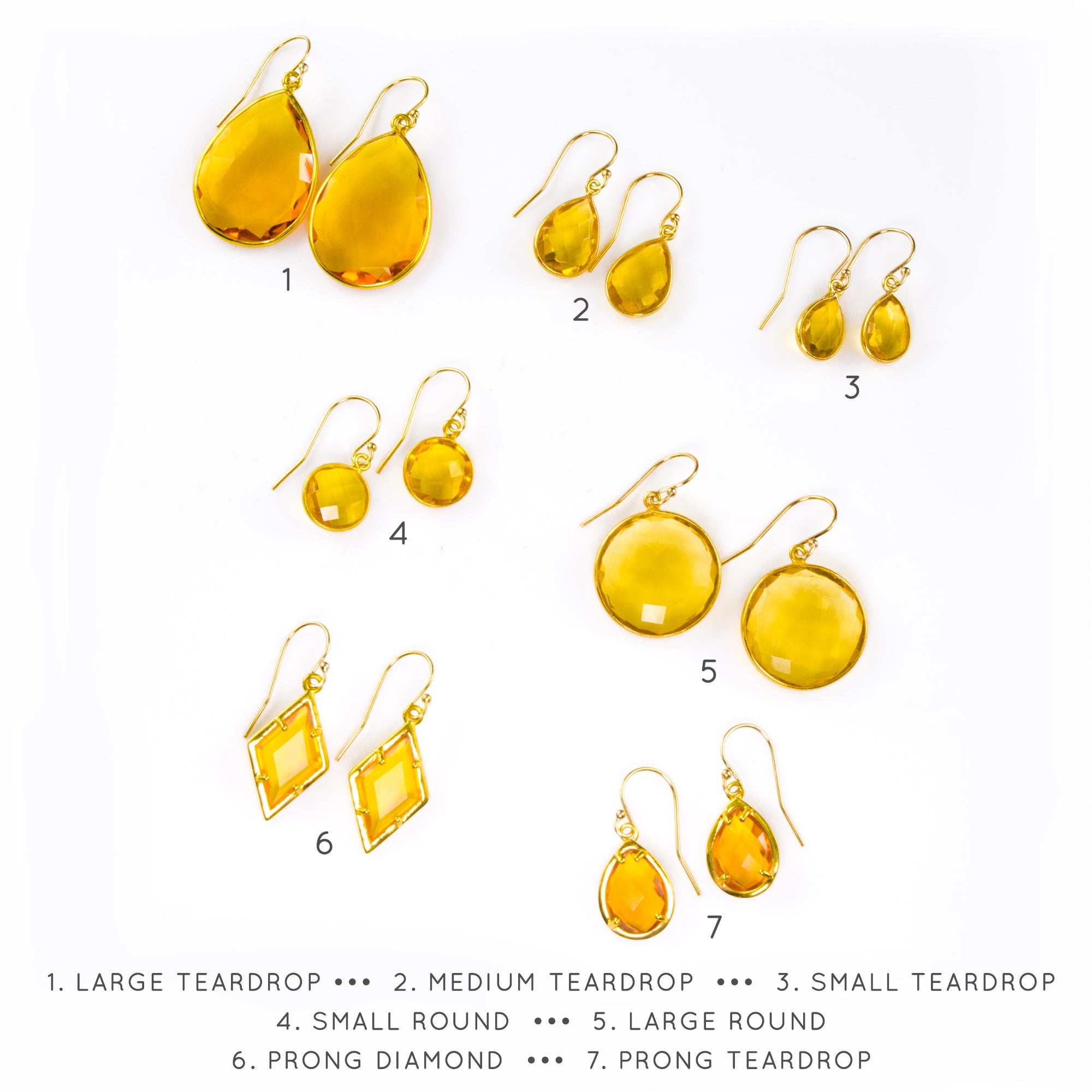 Shapes and sizes include Small, medium and large teardrop gemstones and large and medium round gemstones. November birthstone on white background
