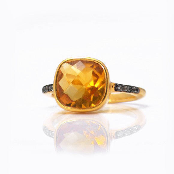 Citrine gold plated cushion bezel square White topaz pave stacking ring on white background. November birthday, November gemstone, square gemstone, sterling silver, yellow birthstone, yellow ring