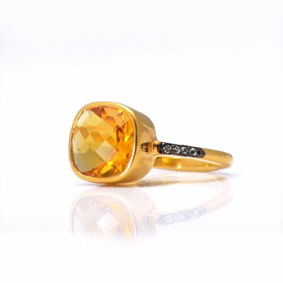 Citrine gold plated cushion bezel square White topaz pave stacking ring on white background. November birthday, November gemstone, square gemstone, sterling silver, yellow birthstone, yellow ring
