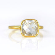Gold plated clear quartz ring, october birthstone jewelry, clear quartz  gemstone ring, square cushion faceted clear quartz, Bezel set ring, Sterling silver ring, clear quartz gift, april birthday gift, clear ring for her, birthstone ring, april birthstone 