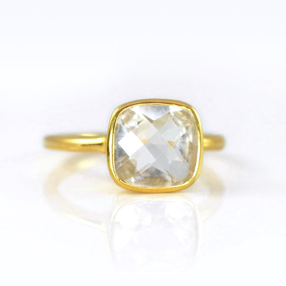 Gold plated clear quartz ring, october birthstone jewelry, clear quartz  gemstone ring, square cushion faceted clear quartz, Bezel set ring, Sterling silver ring, clear quartz gift, april birthday gift, clear ring for her, birthstone ring, april birthstone 