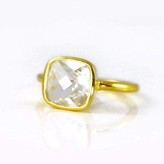 Gold plated clear quartz ring, october birthstone jewelry, clear quartz  gemstone ring, square cushion faceted clear quartz, Bezel set ring, Sterling silver ring, clear quartz gift, april birthday gift, clear ring for her, birthstone ring, april birthstone 