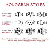 Choose from our selection of monogram styles options include timeless, formal, and elegance. These styles feature first name, last name and middle name in that order. Therefore the larger letter in the middle represents the last name. 