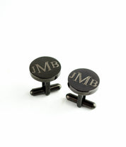 black round metal cufflinks with initials monogram style engraving