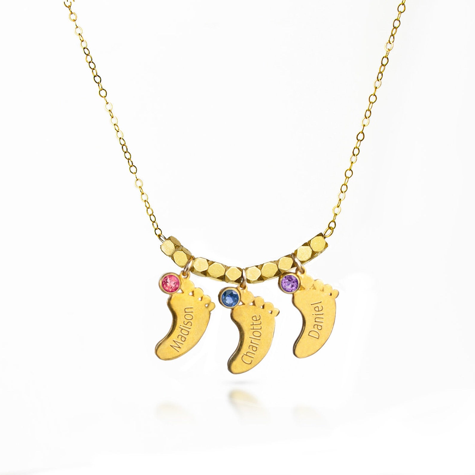 Footprint Charm Dangle Necklace with Engraved Kid's Names and Birthstones