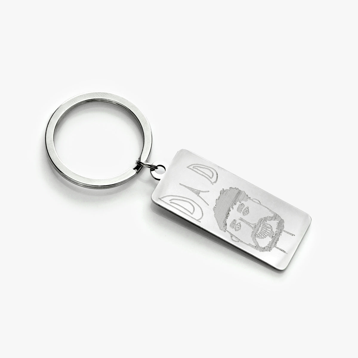 single rectangle keychain with child's drawing of dad engraved. Perfect father's day, mother's day, birthday, celebration or for any holiday