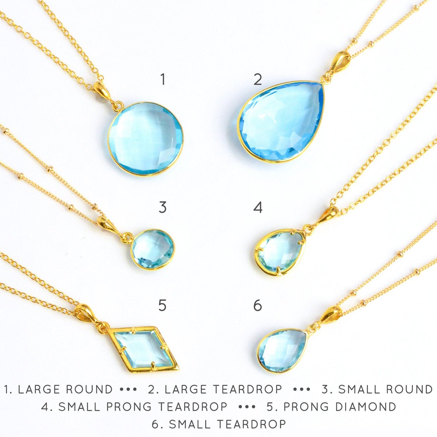 Blue Topaz Necklace, Multiple Shapes, 925 Sterling Silver or 14k