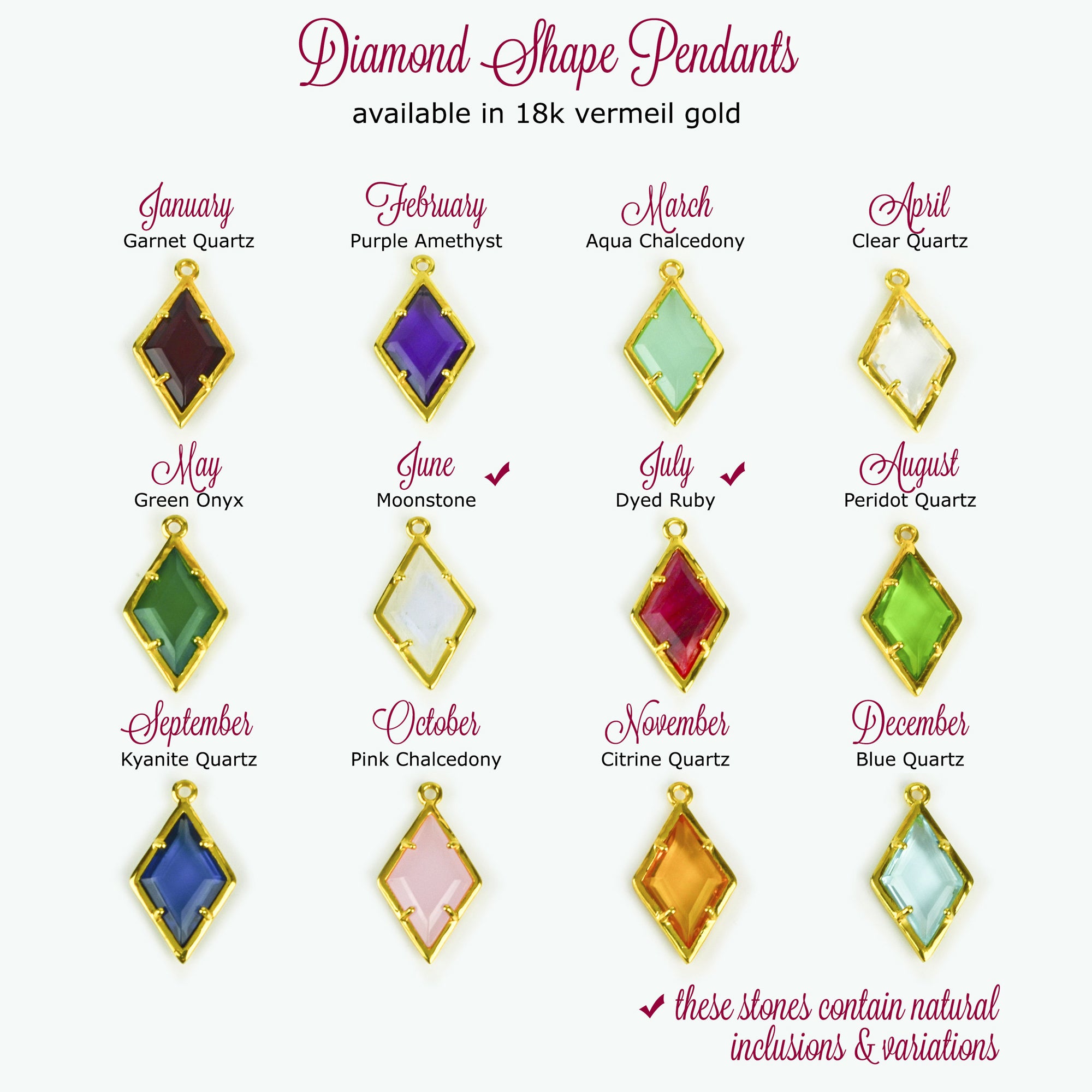Diamond Shaped Birthstone and Name Necklace : October Pink Chalcedony