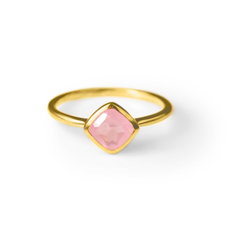 Diamond Shape Pink Chalcedony Stacking Ring | October Birthstone, Custom diamond birthstone ring mom, Sterling Silver, 18k Gold Vermeil Gemstone Ring
