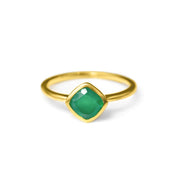 Single gold plated diamond shape square shape bezel set green onyx birthstone may birthstone may gemstone ring