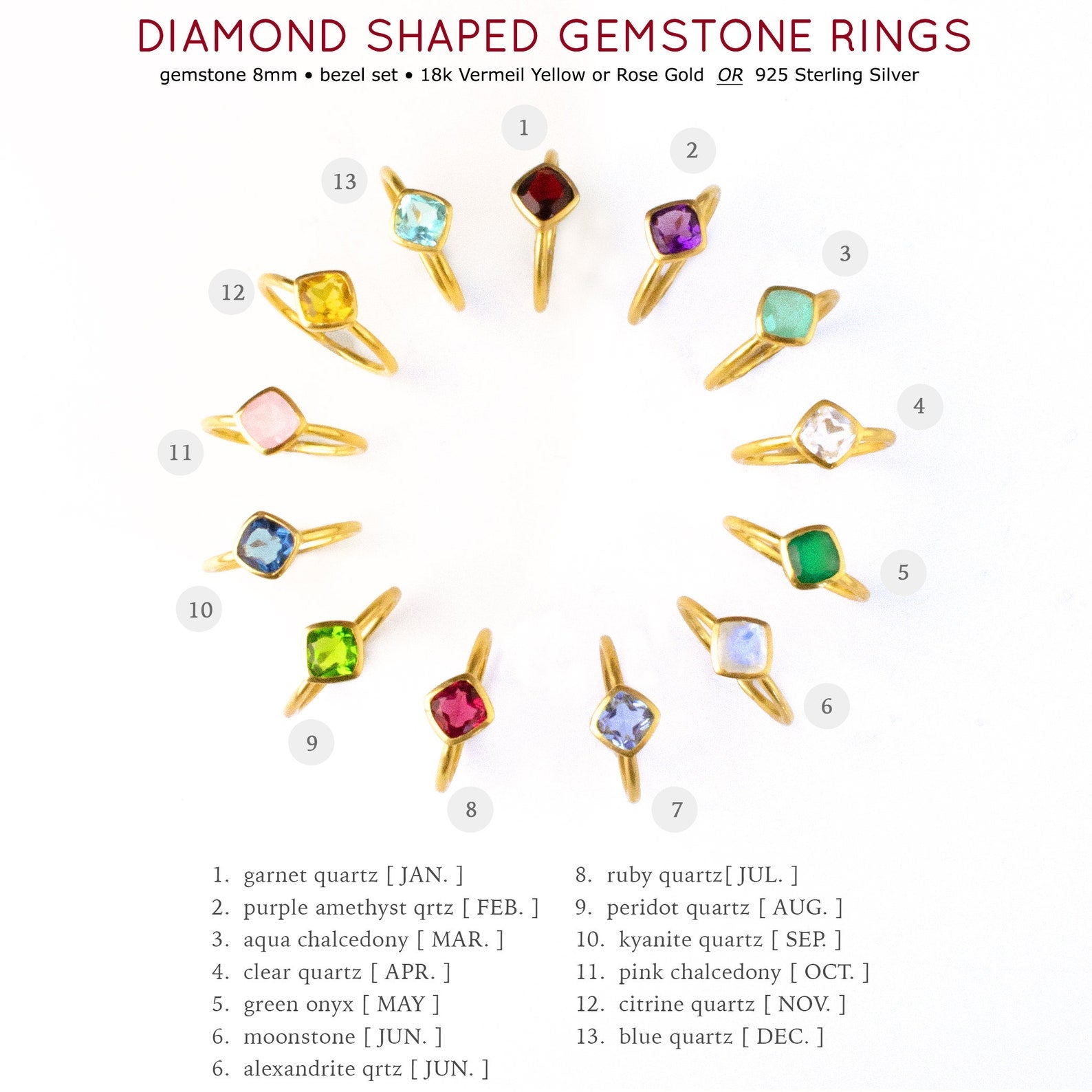 Diamond Shaped Cushion Cut Birthstone Ring Set, 925 Silver, 18k Vermeil Gold, Custom Mother's Ring Set, Christmas Gift for Mom with Kids Birthstones