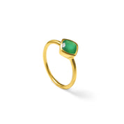 Side profile of Single gold plated diamond shape square shape bezel set green onyx birthstone may birthstone may gemstone ring