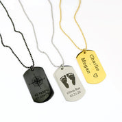 Collection of classic style dog tag necklaces include black, silver, and gold. Engrave a name, phrase, foot prints, children's drawings, coordinates or make a medical id necklace