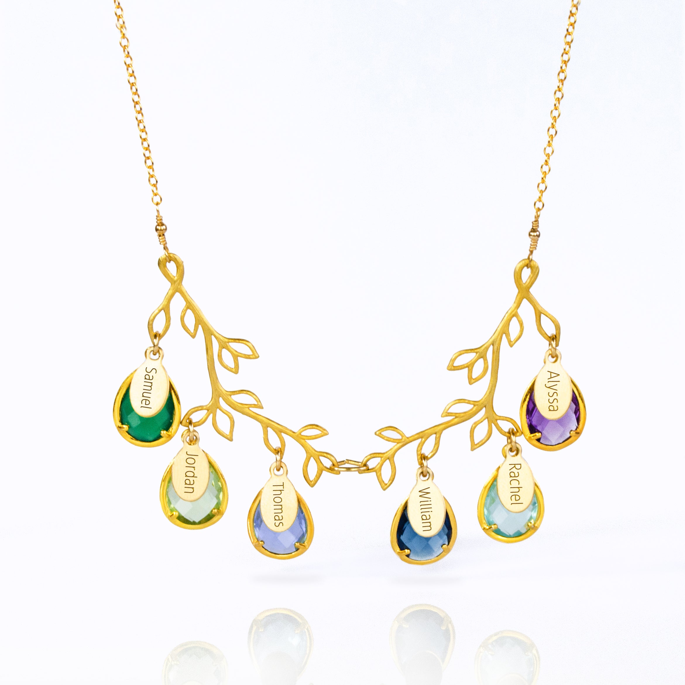 Tree branch necklace in gold filled with full engraved names on oval tags and prong set green onyx, green amethyst, alexandrite, kyanite, blue topaz or purple amethyst birthstones.