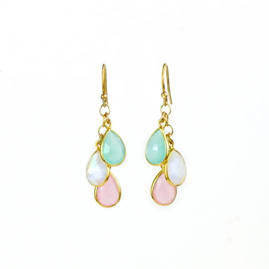 This drop earring design features tiny pear-shaped birthstones that cascade down to form a unique family birthstone style earring set. Pair in gold with 3 tiny teardrop stones in aqua chalcedony, moonston, and pink chalcedony