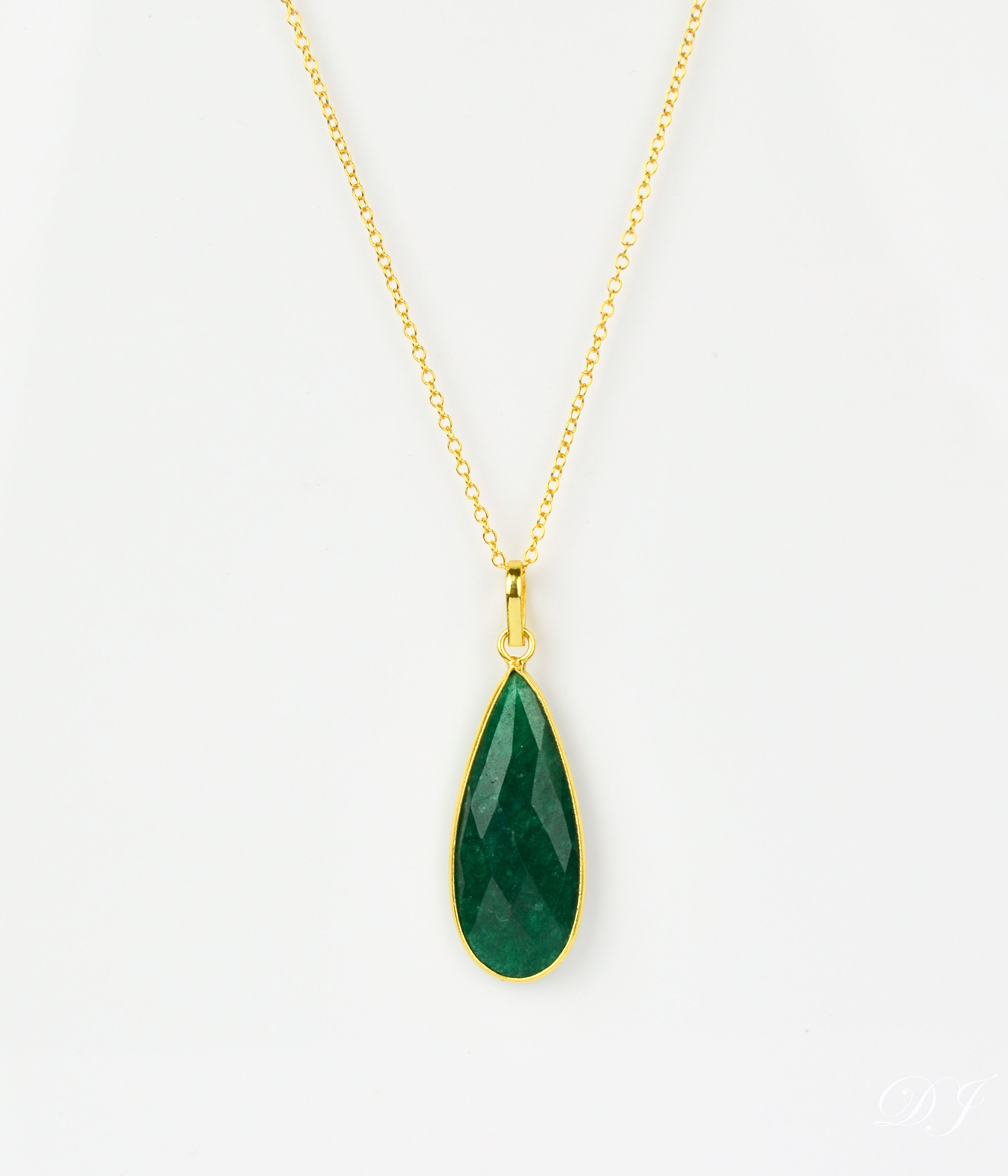 Emerald Elongated Teardrop Pendant Necklace