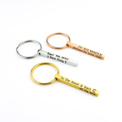 Set of mini engraved bar keychains in silver, gold, and rose gold arranged together to compare tones and engraving contrast. The mini bar keychain size (40×4 mm) balances lightweight comfort with readable text on up to four sides. A versatile engraved keychain choice for names, initials, dates, and roman numeral keychain designs—perfect for anniversaries, graduations, and travel keepsakes.