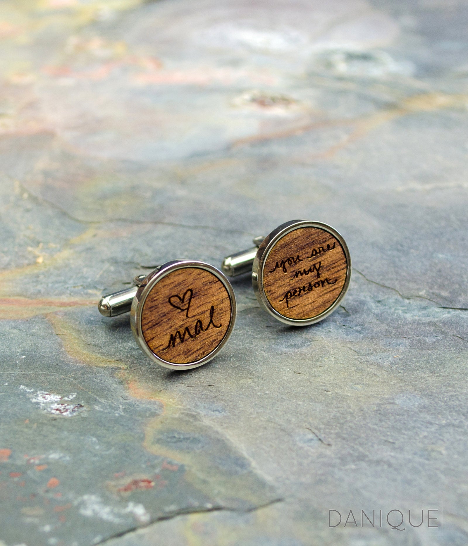 Afromosia real wood with silver base style cufflinks engraved with two different messages, handwriting from photograph. Customize cufflinks for a graduate, new promotion, prom, formal events, groomsman or wedding party gifts. mens anniversary gifts, gifts for men, christmas gifts for him, valentine's day gifts for men, gift for husband, gift for fiance, father's day gift, birthday gift, wedding anniversary gift, wedding party gift, father of the groom gift, father of the bride gift, wood anniversary