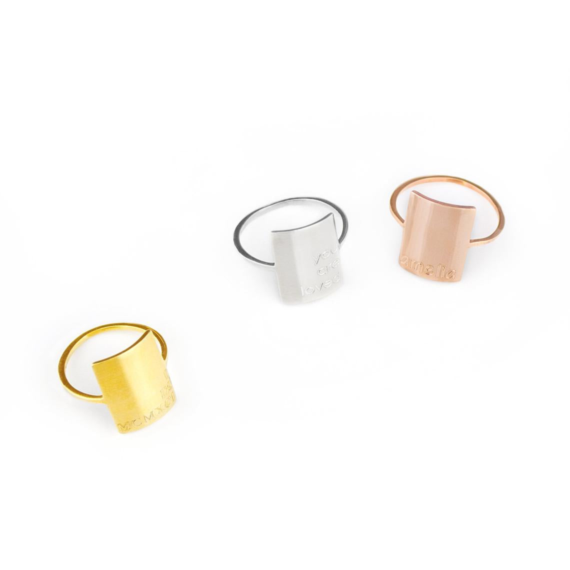Gold plated, rose gold plated and sterling silver engraved plate rings, rectangle plate. Choose from our font styles to engrave a name, initials, date, roman numerals or short phrase. 