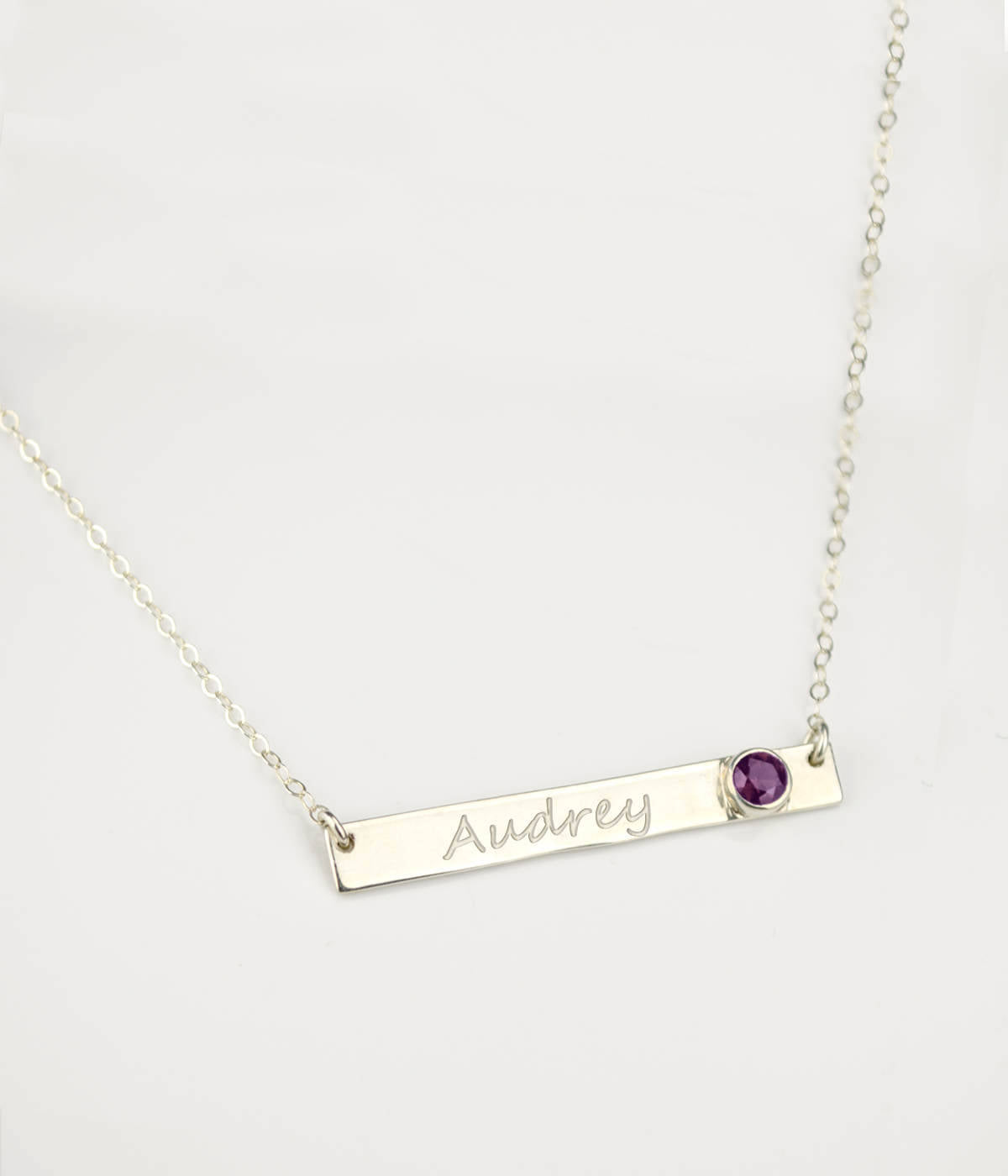 February Custom Bar Necklace with Bezel Birthstone