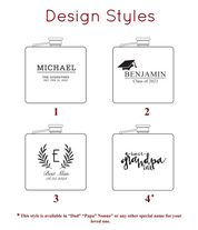 Four custom designs for wooded flasks. name and godfather message,  grooms gift , garduation gift and best grandpa design with handwriting font. Fantastic as party favor, christmas gifts, or gifts for Dad, husband or boyfriend