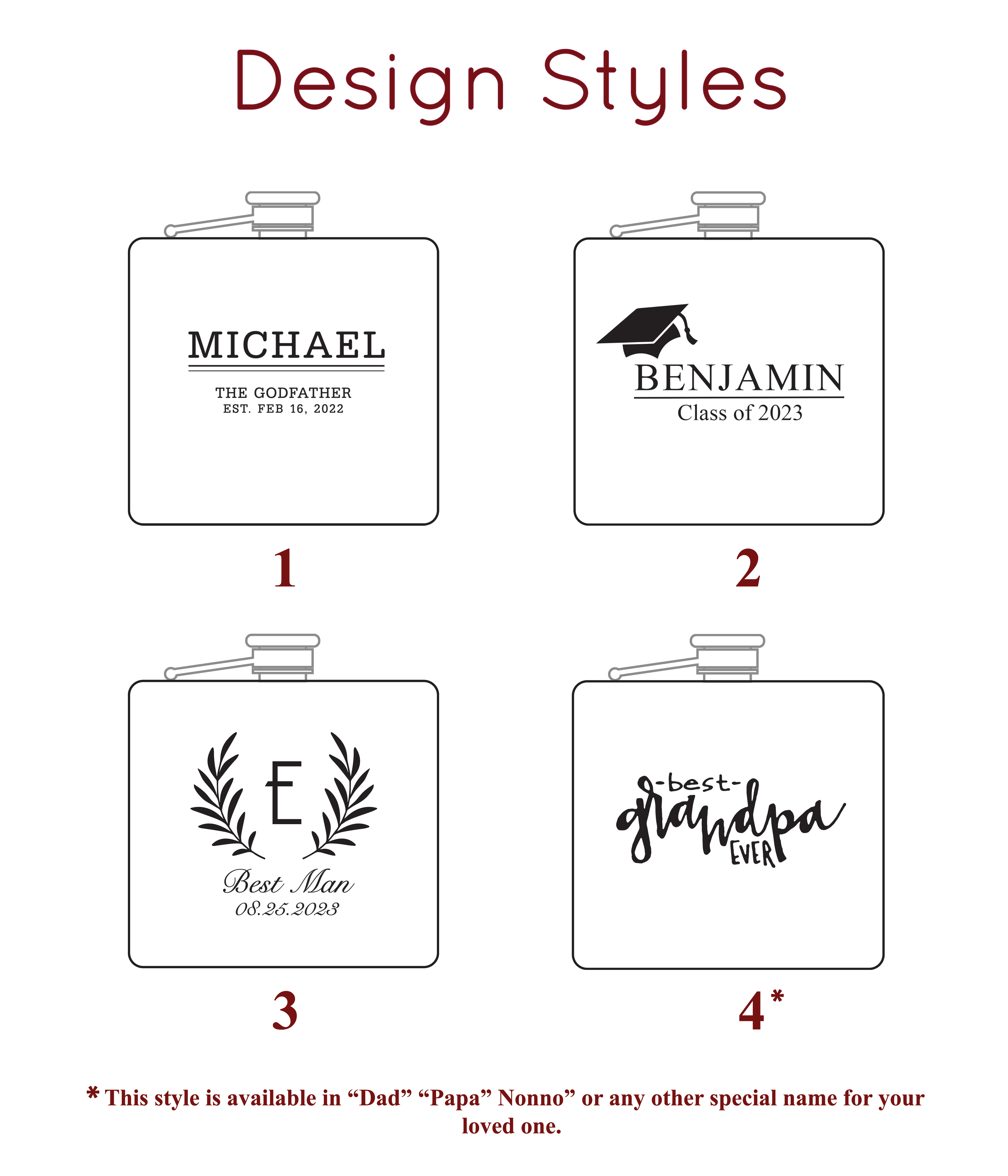 Four custom designs for wooded flasks. name and godfather message,  grooms gift , garduation gift and best grandpa design with handwriting font. Fantastic as party favor, christmas gifts, or gifts for Dad, husband or boyfriend