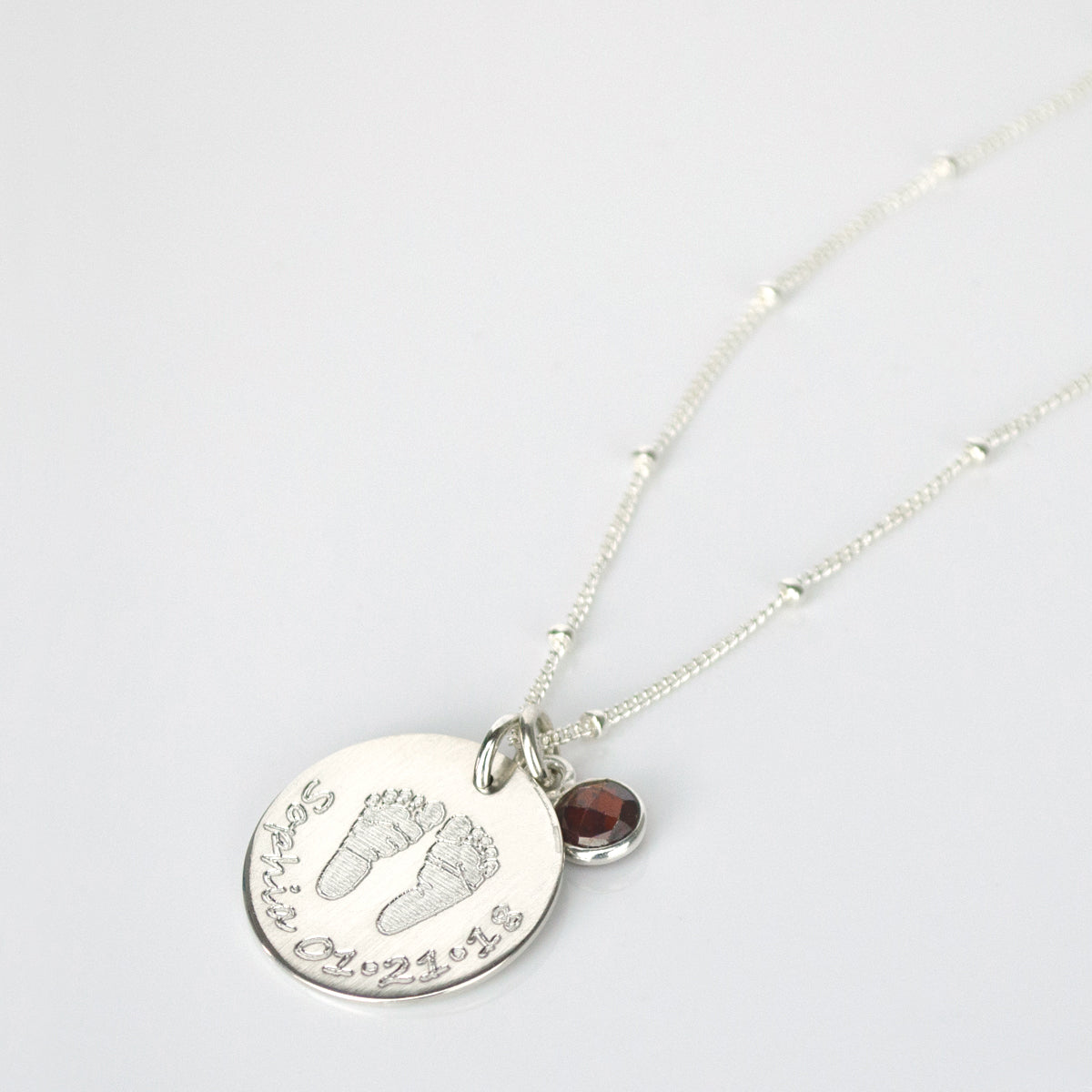 Engraved Baby Footprints or Handprints Necklace with Birthstone Charm