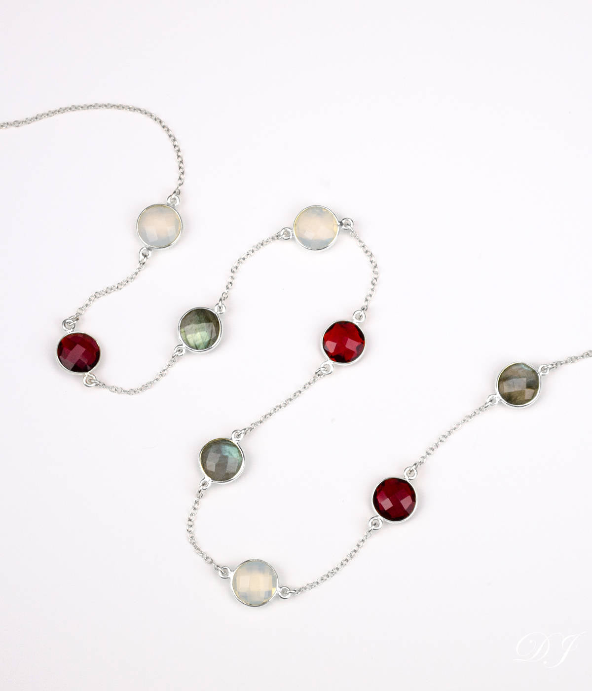 Long Garnet, Labradorite, Opalite bezel station necklace