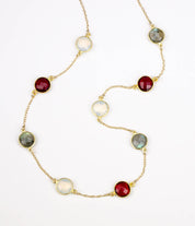 Long Garnet, Labradorite, Opalite bezel station necklace