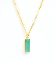 Single gold filled cable chain with aqua chalcedony march birthstone with white background.