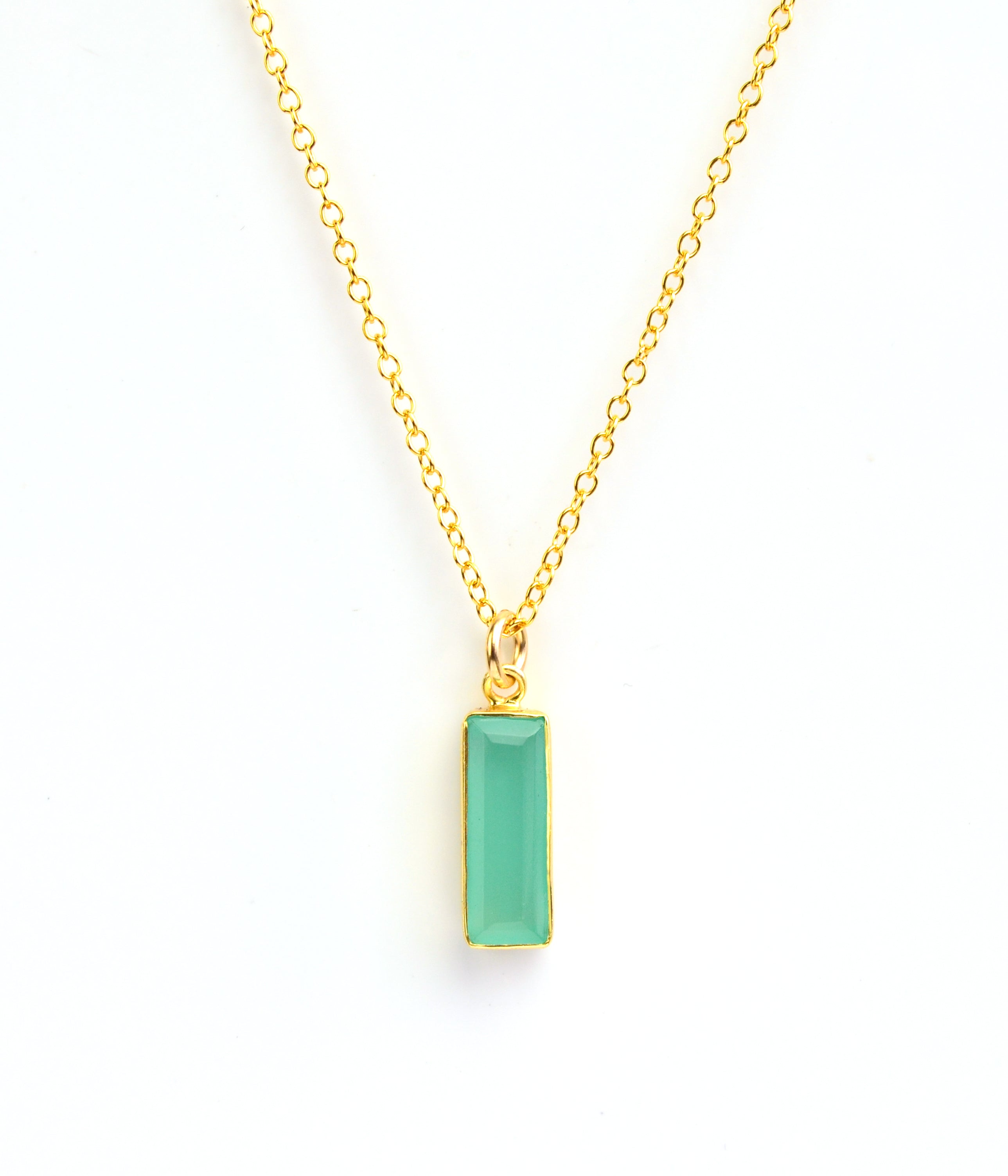 Single gold filled cable chain with aqua chalcedony march birthstone with white background.