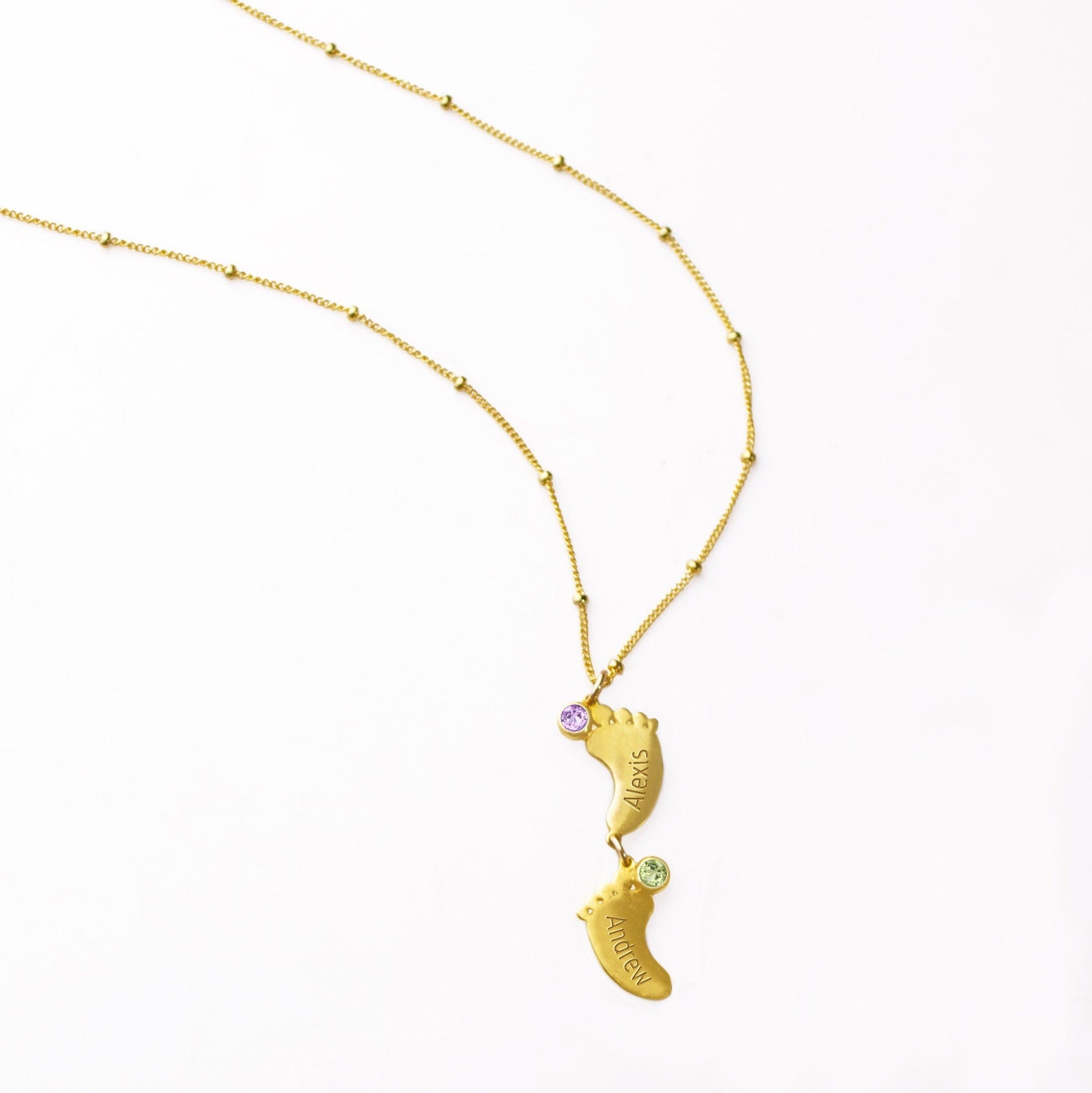 Footprint Charm Vertical Drop Pendant Necklace with Engraved Kid's Names and Birthstones