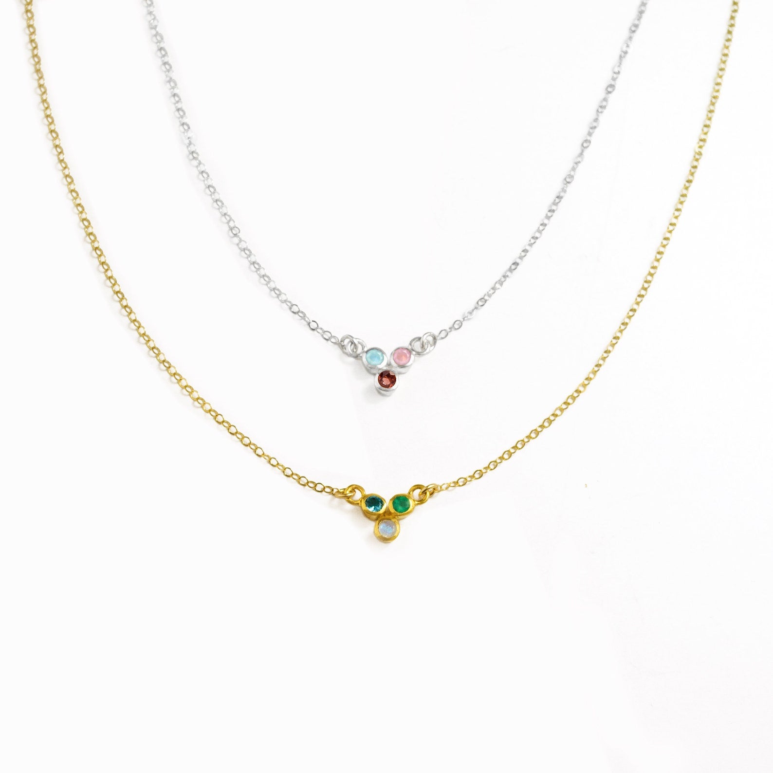 Tiny Triple Birthstone Cluster Necklace, Sterling Silver, Gold Filled, Non Tarnish Necklace for Women, Custom Birthstone Necklace Christmas Gift