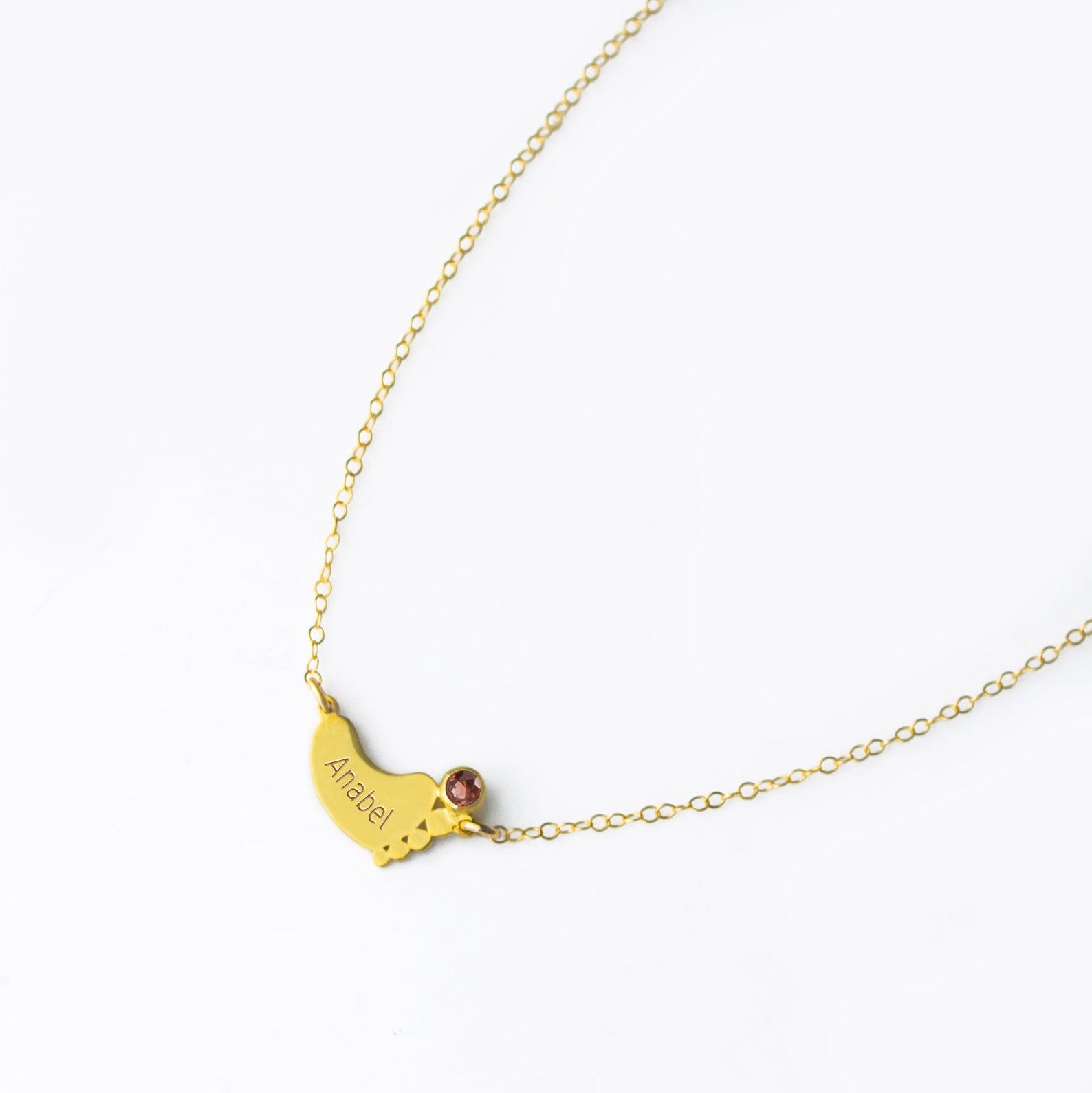 Footprint Charm Horizontal Connector Necklace with Engraved Kid's Names and Birthstones