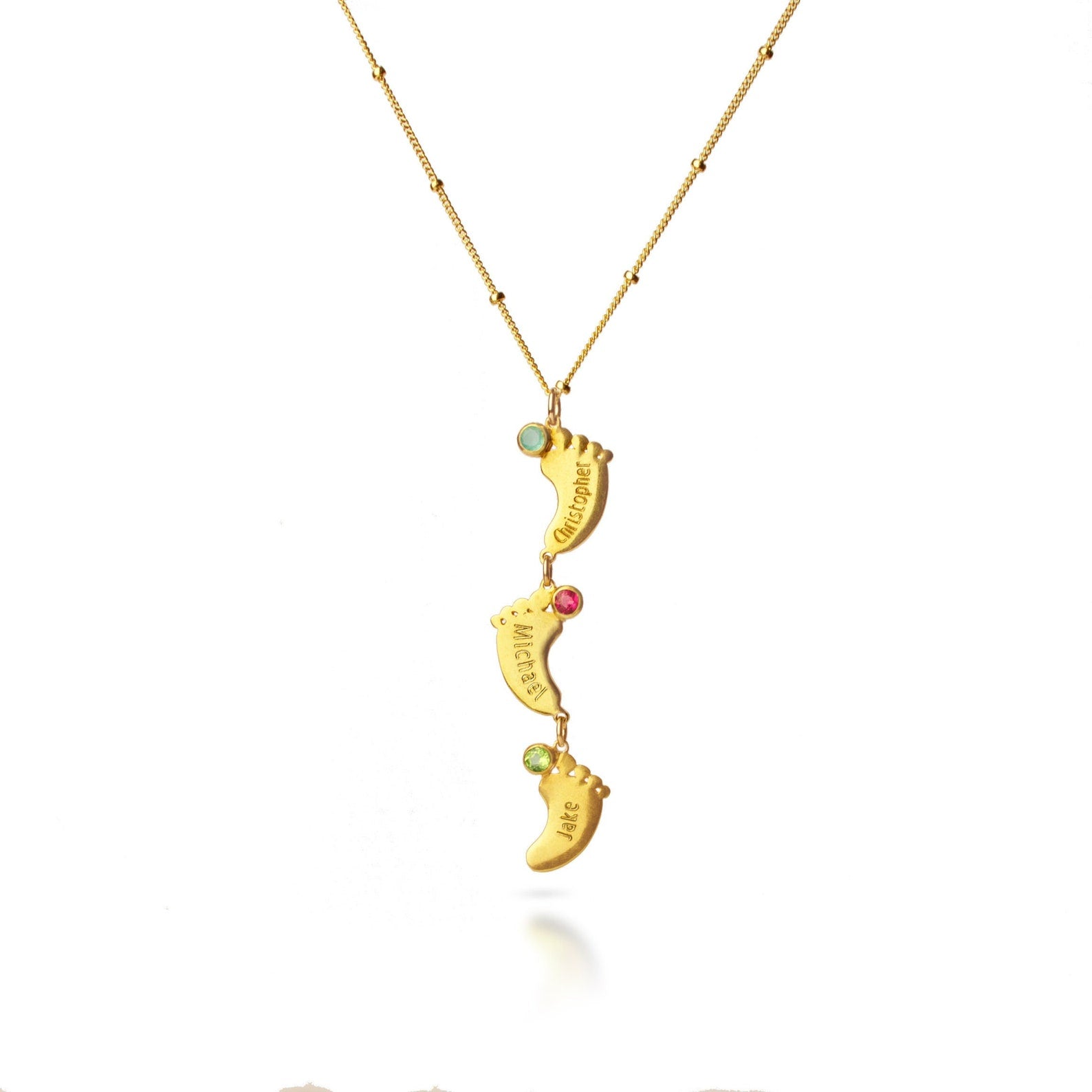 Footprint Charm Vertical Drop Pendant Necklace with Engraved Kid's Names and Birthstones