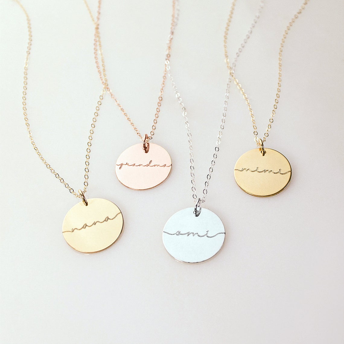 Custom engraved grandma nana mimi disc necklaces in gold and silver, handwritten script name pendants, personalized necklace gift for grandma