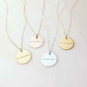 Custom engraved grandma nana mimi disc necklaces in gold and silver, handwritten script name pendants, personalized necklace gift for grandma